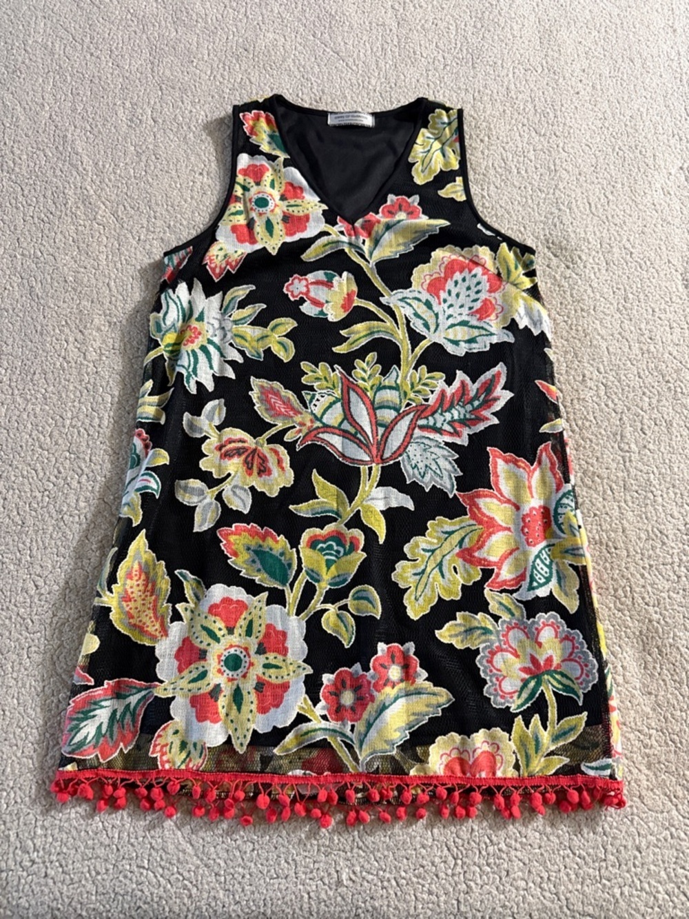 Giddy Up Glamor Black Floral Pom-Pom Trim Mini Dress Small